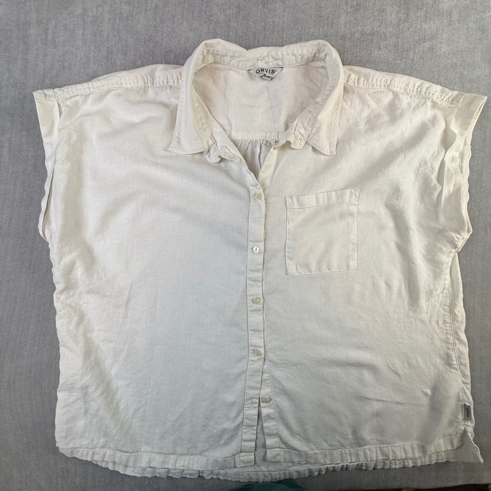 Orvis Women XXL Cream Linen Blend Button Down Short‎ Sleeve Cap Sleeve Shirt Top